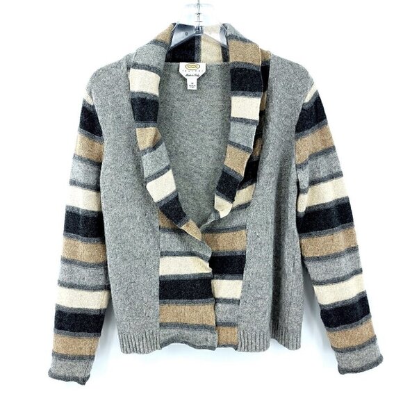 Talbots Women's Vtg Medium Petite Neutral Sweater Wool Angora Striped Cardigan - Picture 1 of 11